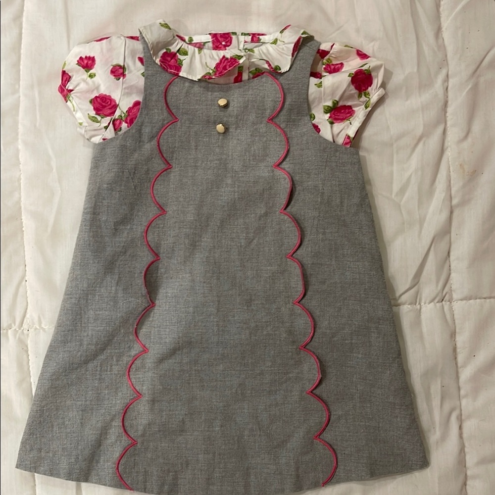 Gray tank dress and Matching white shirt with pink roses and Peter Pan collar